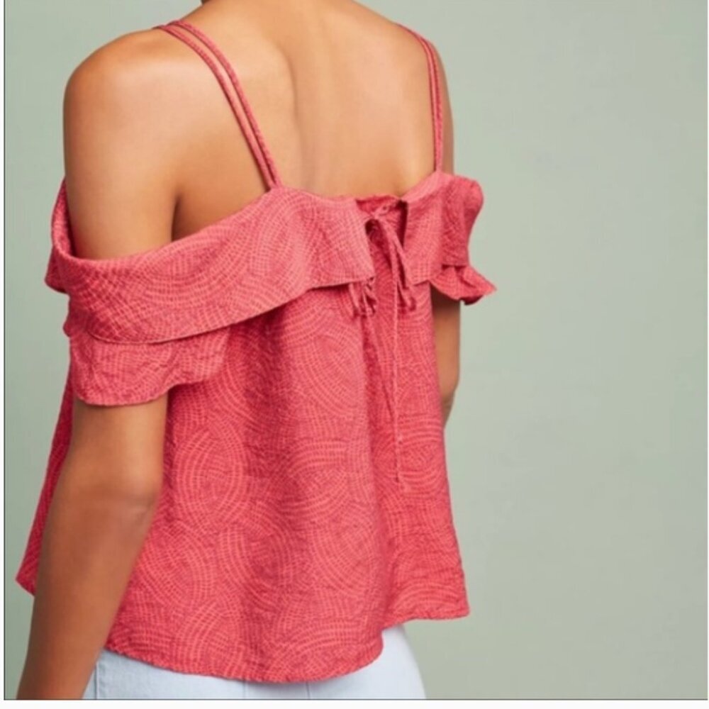 Anthropologie Maeve Mandalay Open Shoulder Red/Pink Print Blouse Top L OB587553 - Picture 3 of 11